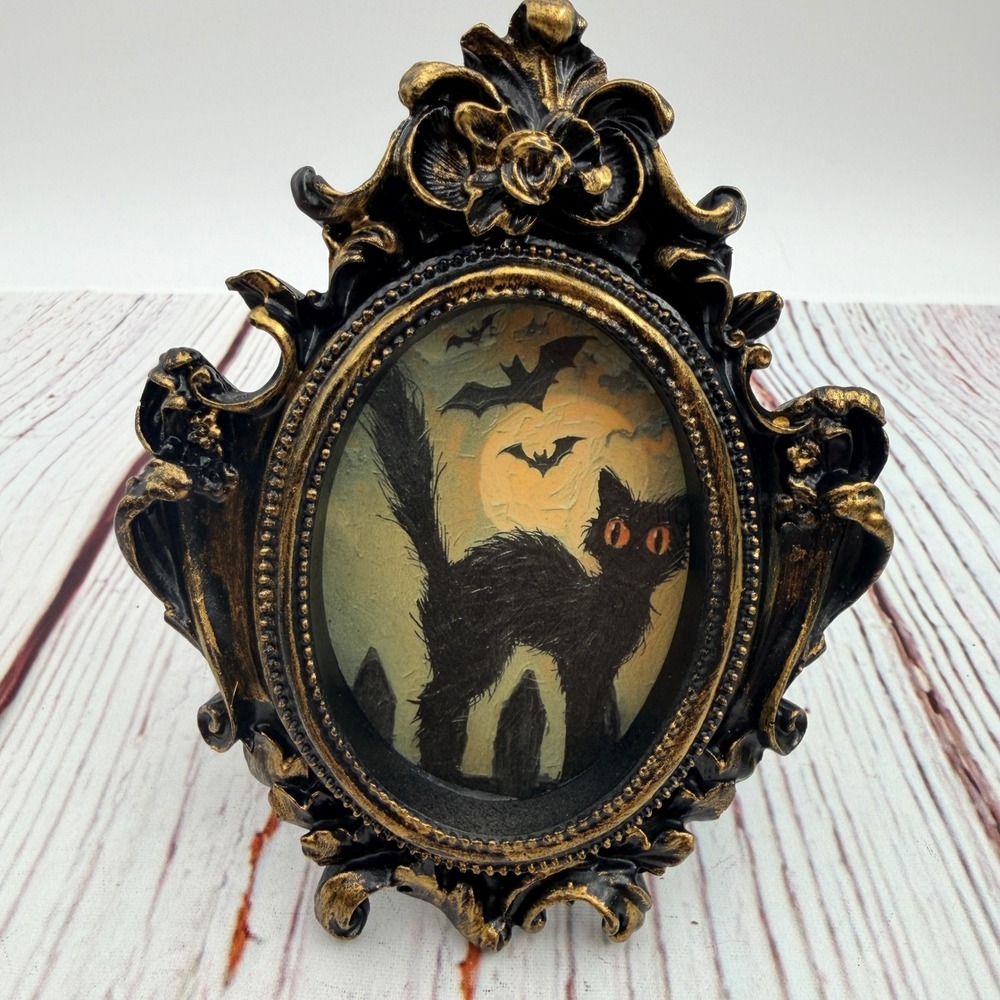 Gothic Black Cat Halloween Miniature Frame Gold Black Resin Decor 4.75in